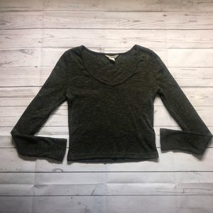 Urban Heritage Olive Green Ribbed Cropped Long Sleeve V-Neck Top Size M